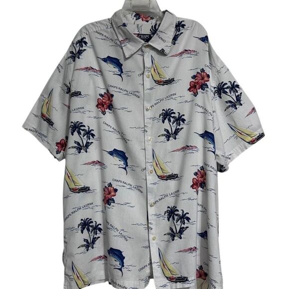 Chaps Ralph Lauren Hawaiian Shirt Men's XXL White Short Sleeve Button Front - Picture 1 of 12